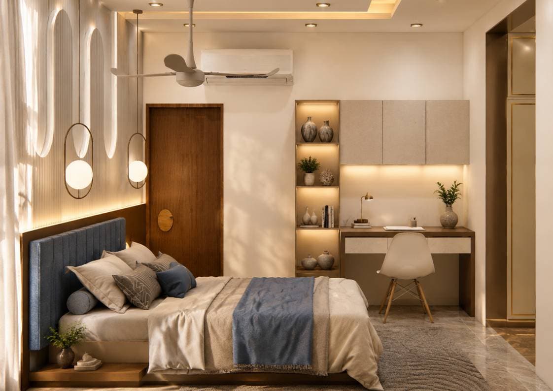Bedroom with built-in study nook in Shadhil Metro Heights villa Chennai