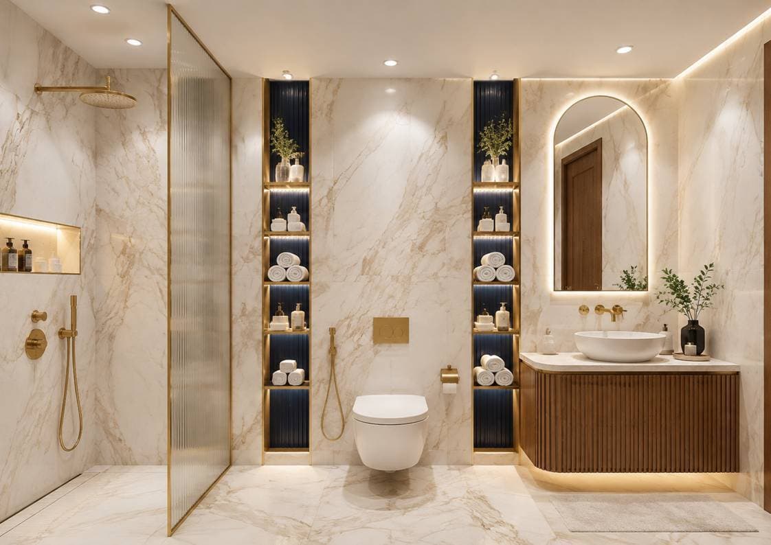 Luxury marble bathroom in Shadhil Metro Heights villa Chennai