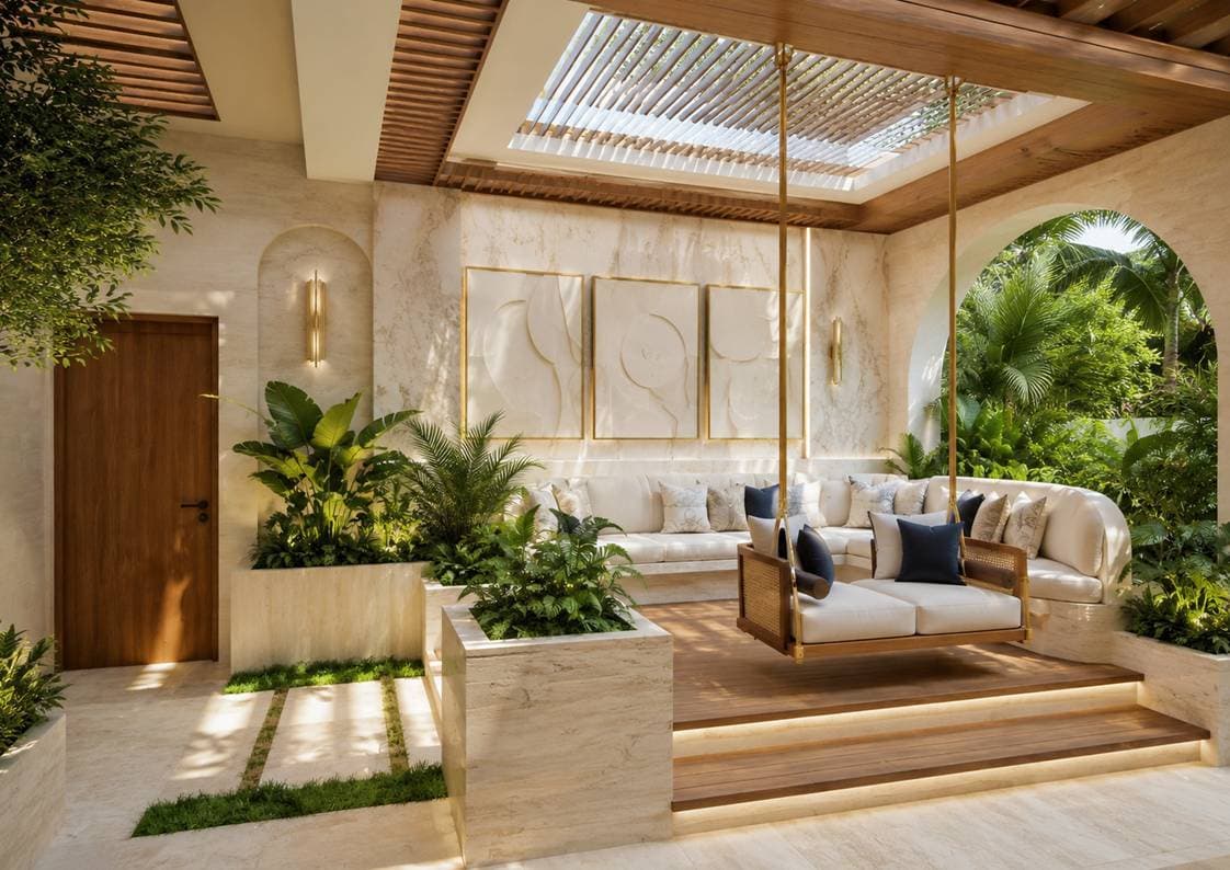 Pergola balcony lounge in a Shadhil Metro Heights villa Chennai