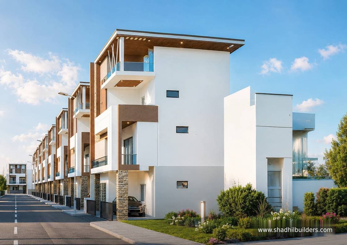 Row of luxury villas exterior view at Shadhil Metro Heights Tambaram